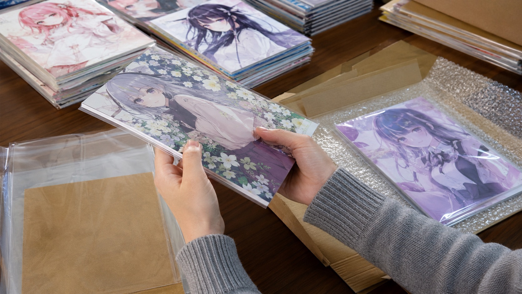 Hands checking and packing doujinshi books with clear sleeves, cardboard backing, and bubble wrap