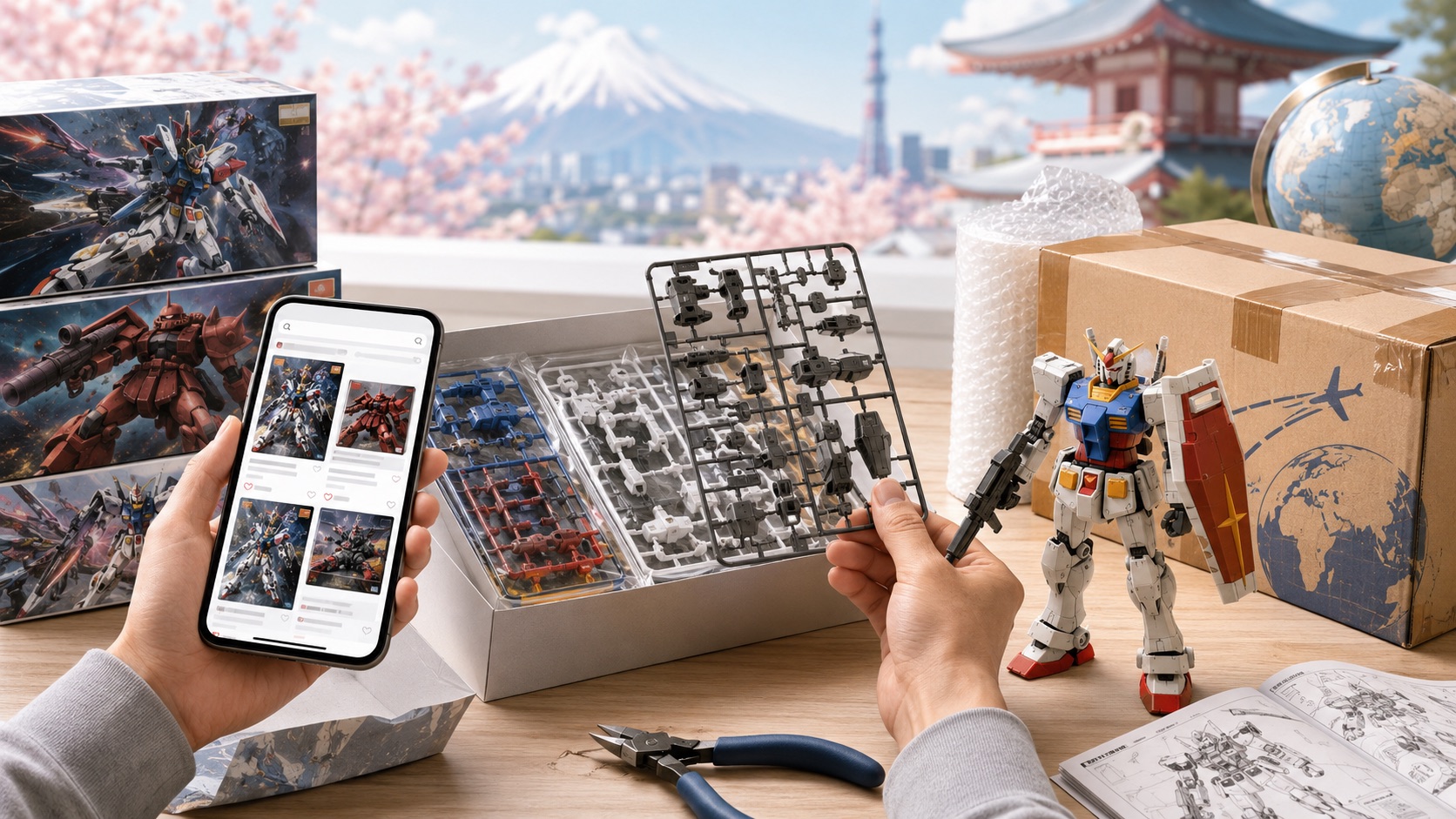 Gunpla model kits, runners, packaging materials and an overseas shipping box on a desk in Japan