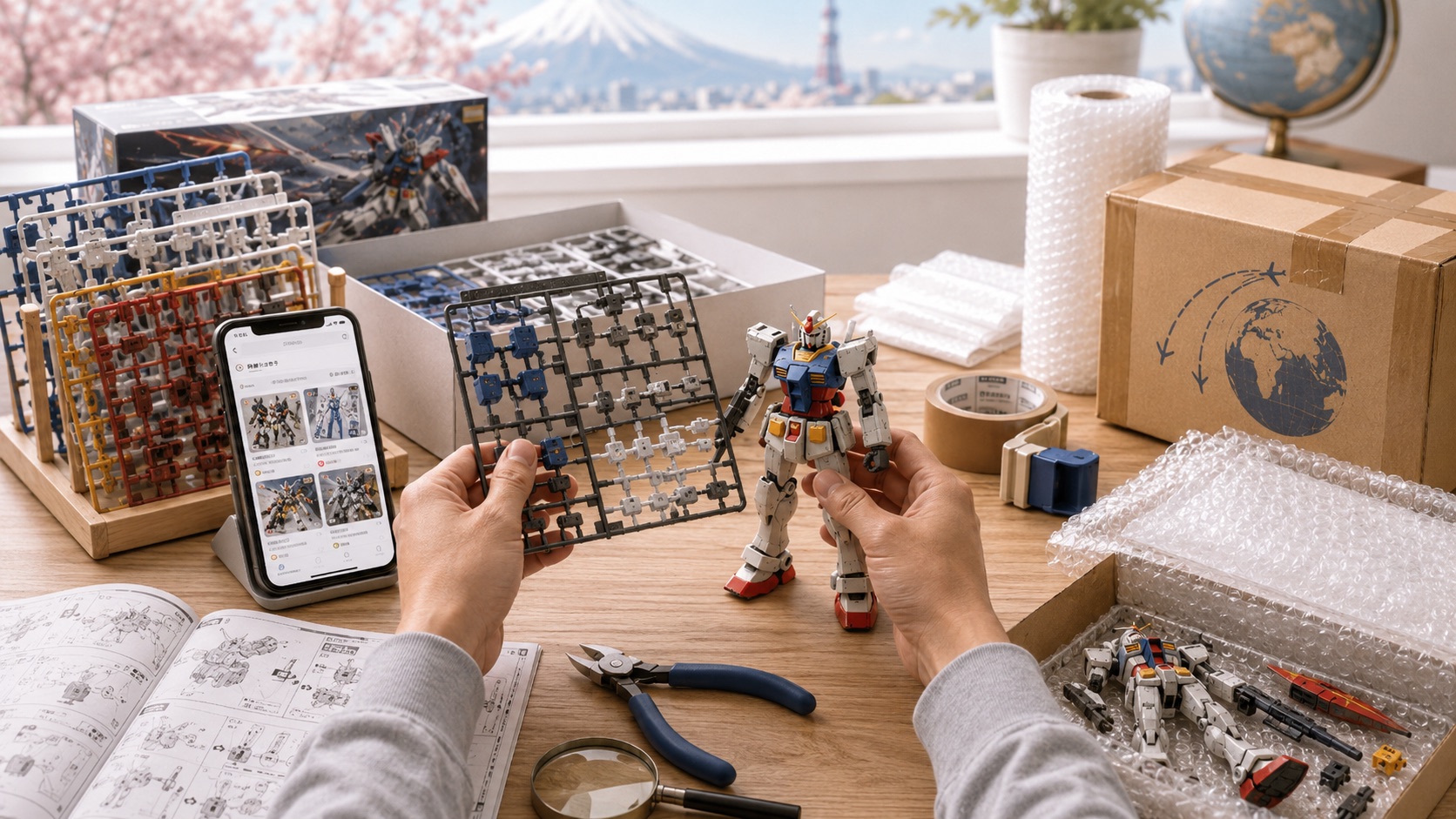 Hands checking Gunpla runners, assembled parts, bubble wrap and shipping materials before packing