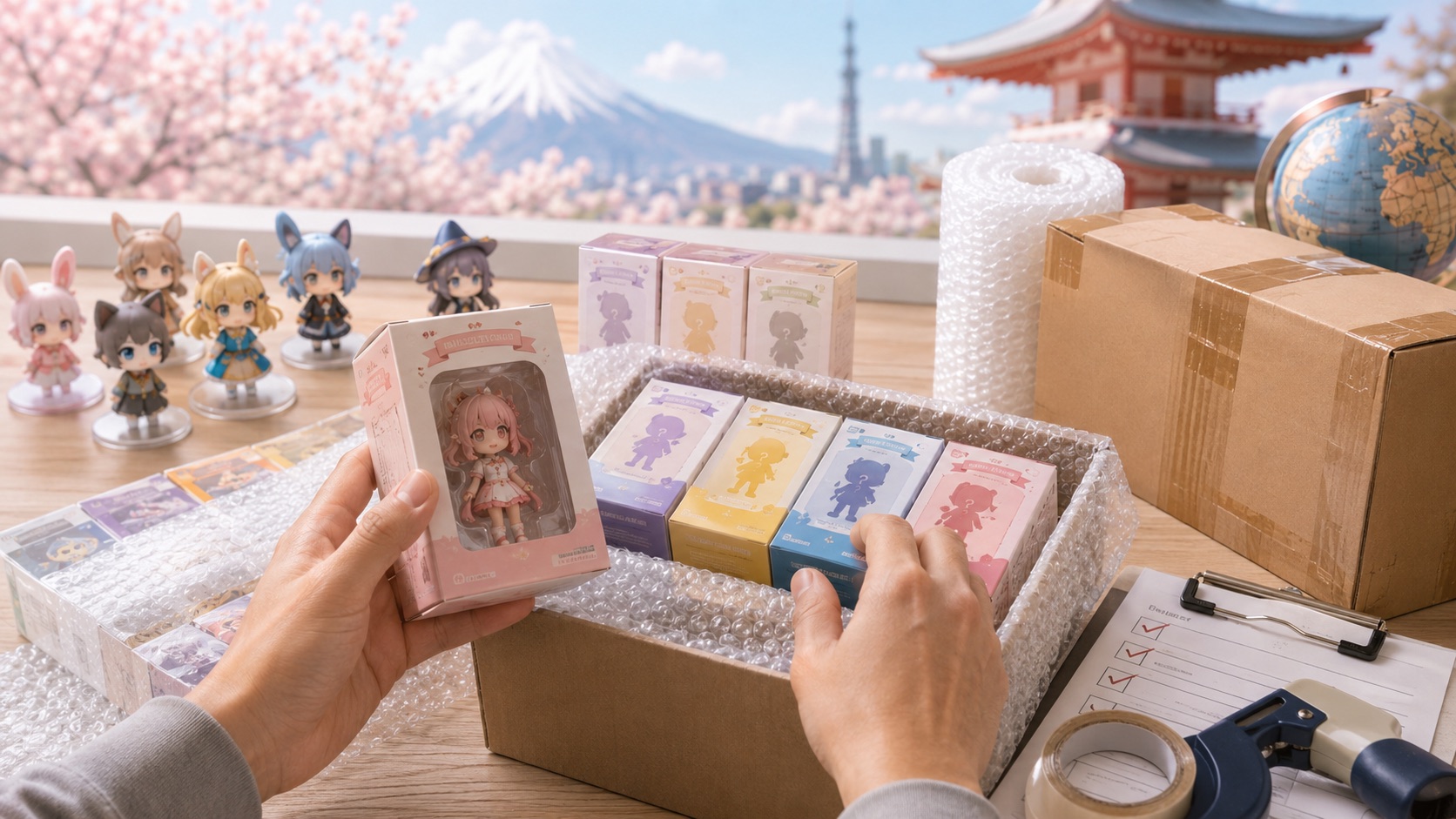 Blind box figures being checked and packed with bubble wrap for overseas shipping
