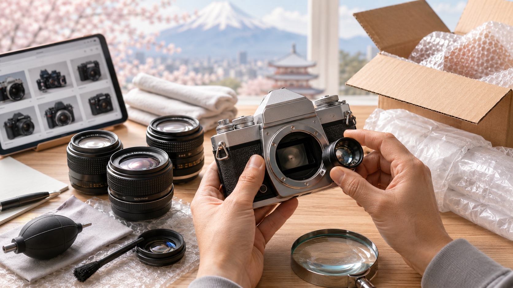 Vintage camera lens inspection with cleaning tools, magnifier, bubble wrap and packing box