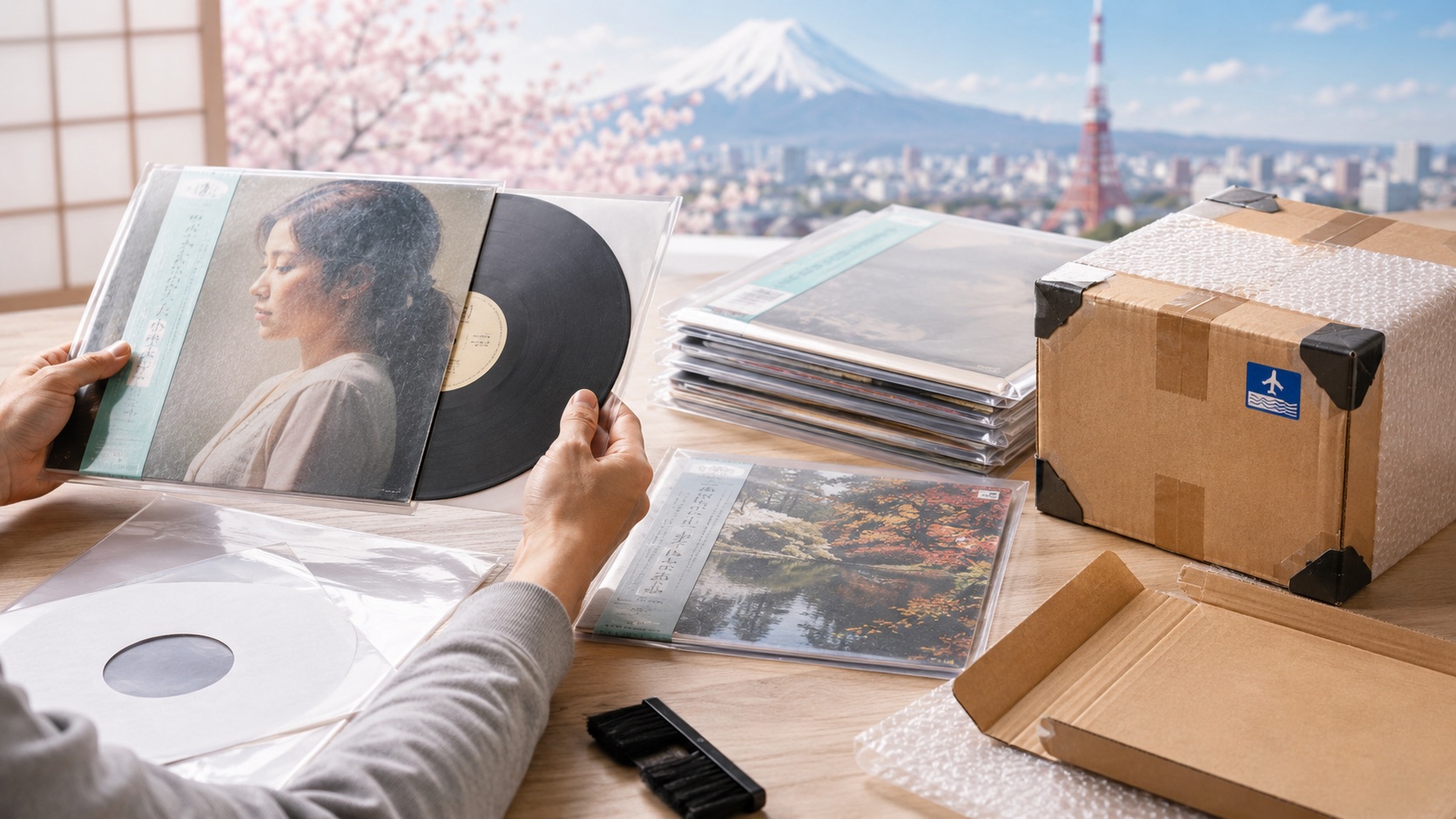 Japanese vinyl record being checked beside protective sleeves, record mailers and packing materials