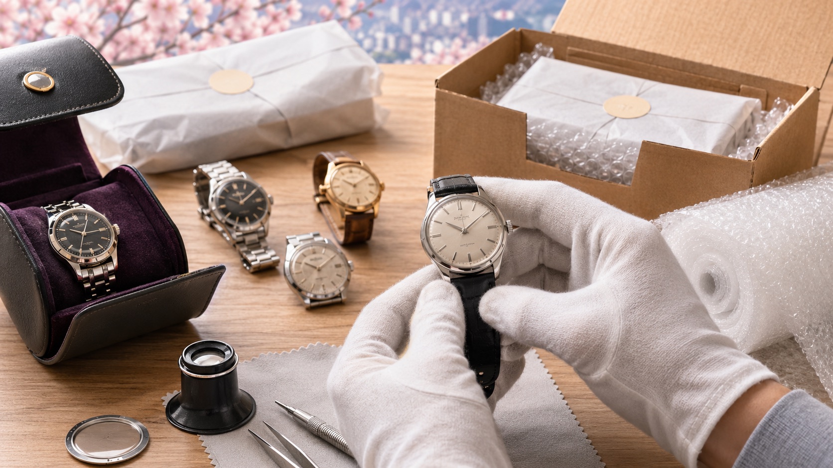 Vintage watch being handled with gloves for inspection, service and protective packing