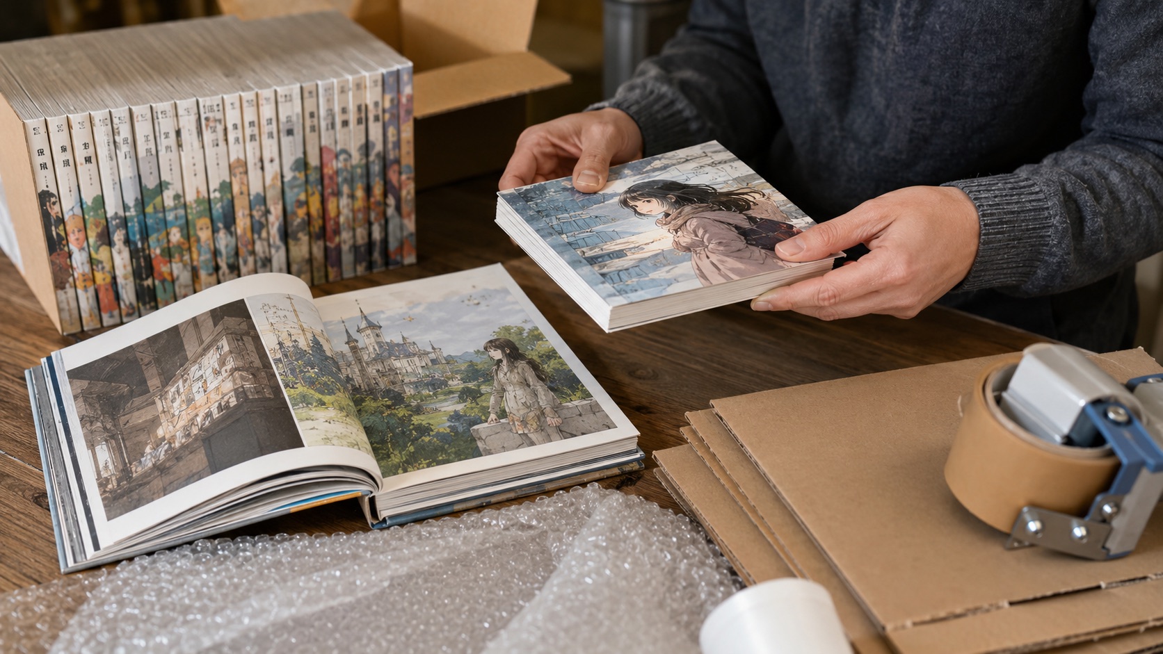 Hands preparing manga and art books for overseas shipping with bubble wrap, cardboard, and packing tape