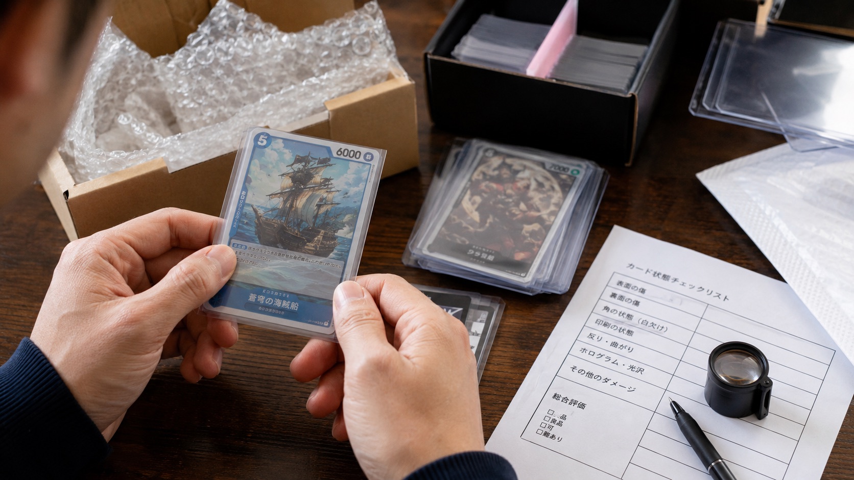 Japanese trading card condition check with sleeves, top loaders, loupe, checklist, and packing materials