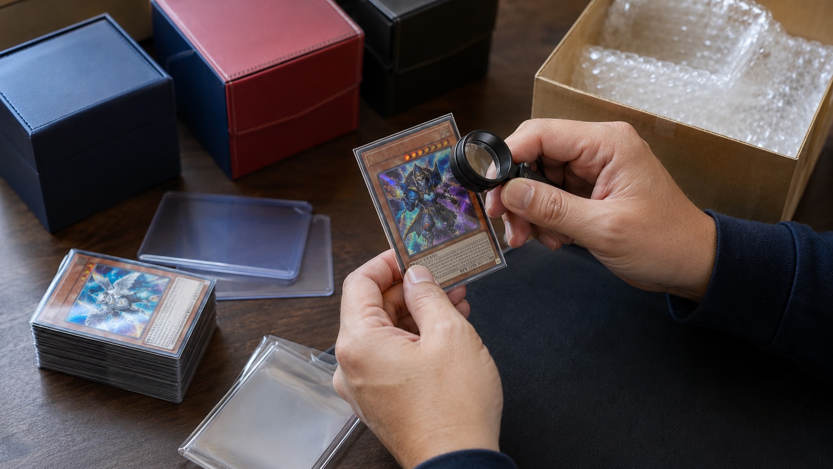 Collector inspecting a holographic Japanese trading card with a loupe before packing