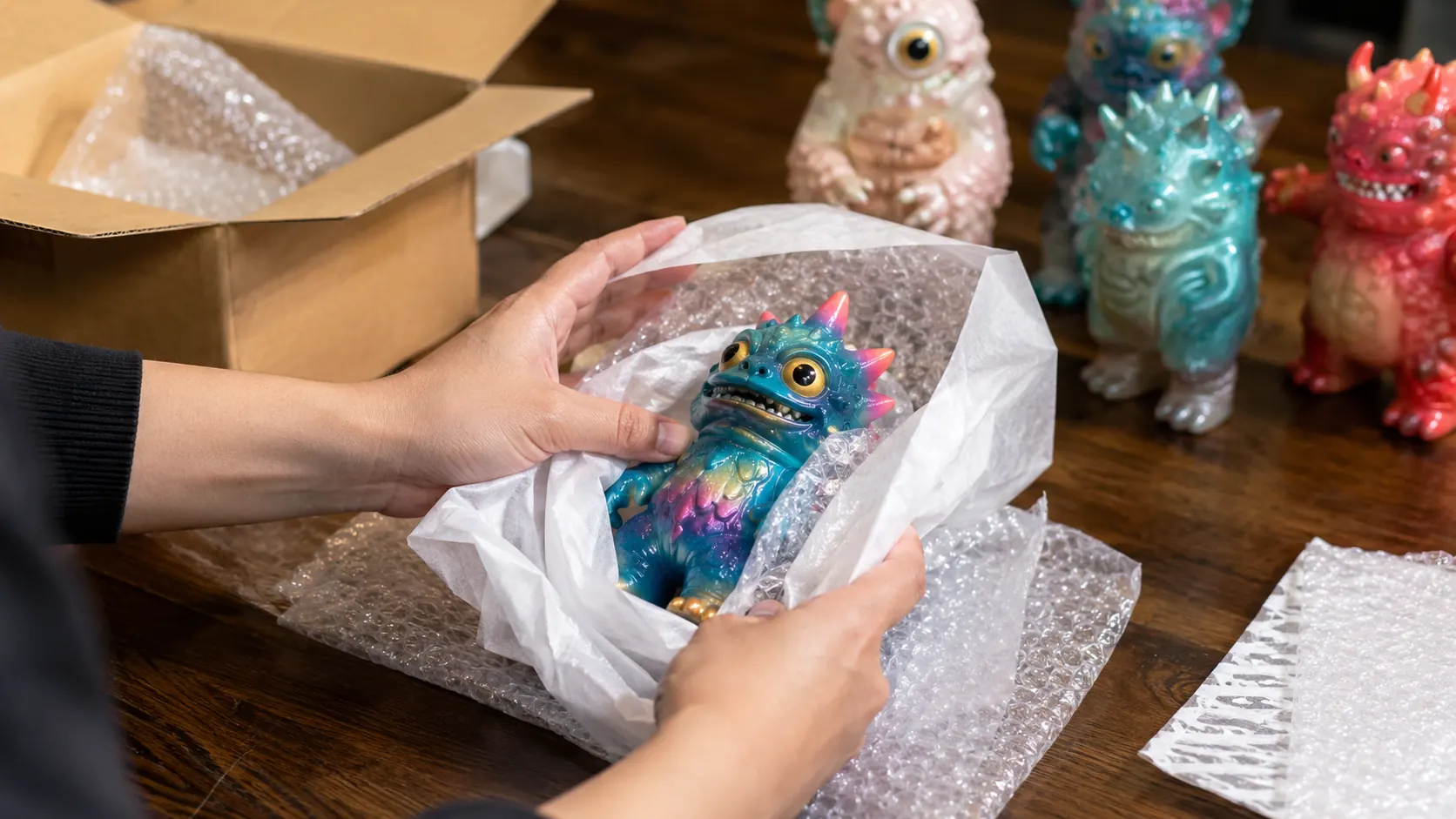 Soft vinyl art toy being wrapped carefully with tissue paper and bubble wrap for international shipping