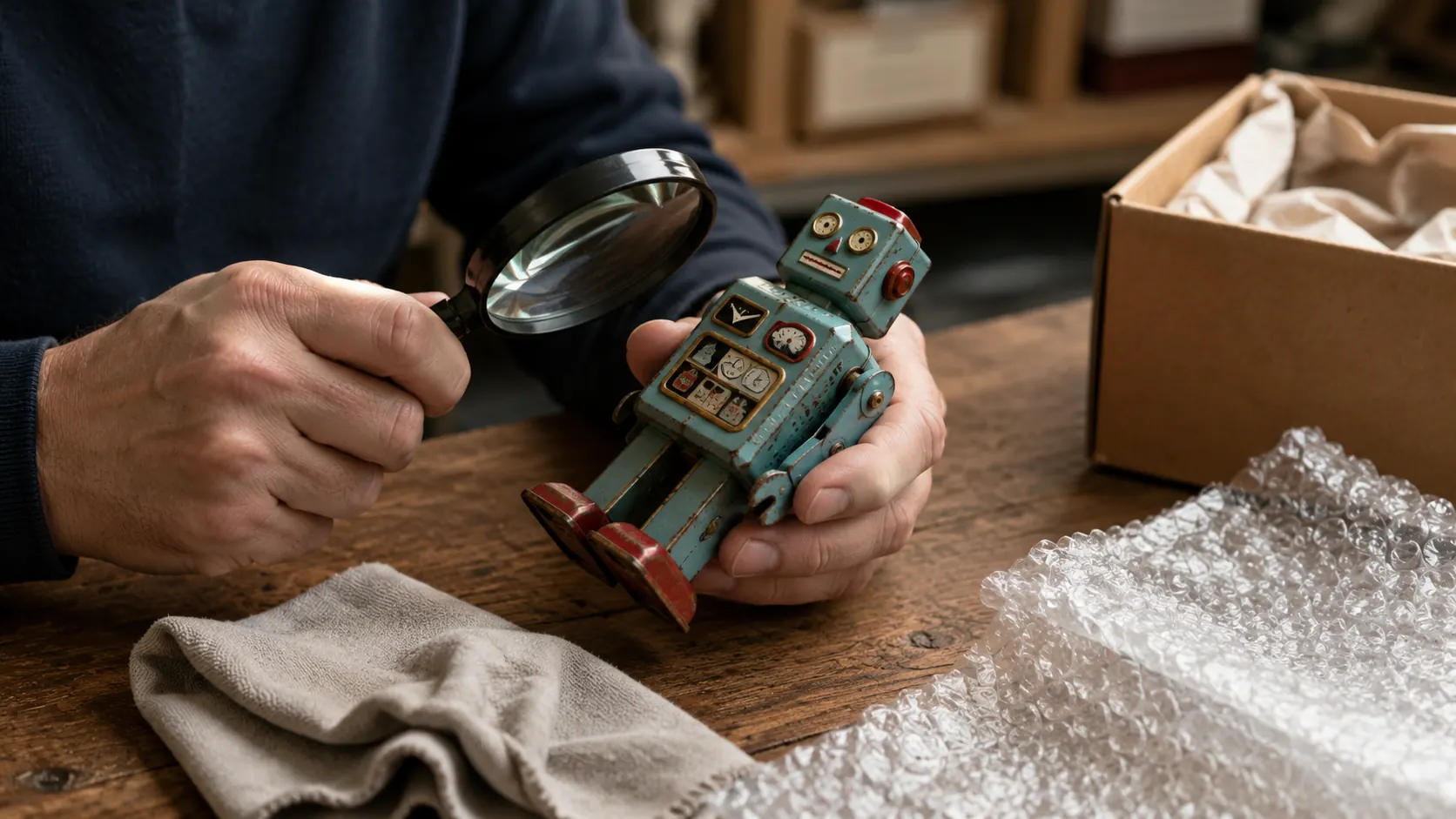 Collector inspecting a vintage Japanese robot toy with a magnifying glass before packing